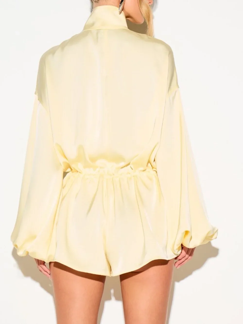 Yellow Casual Women's Mini Funnel Neck Playsuit with Balloon Sleeves